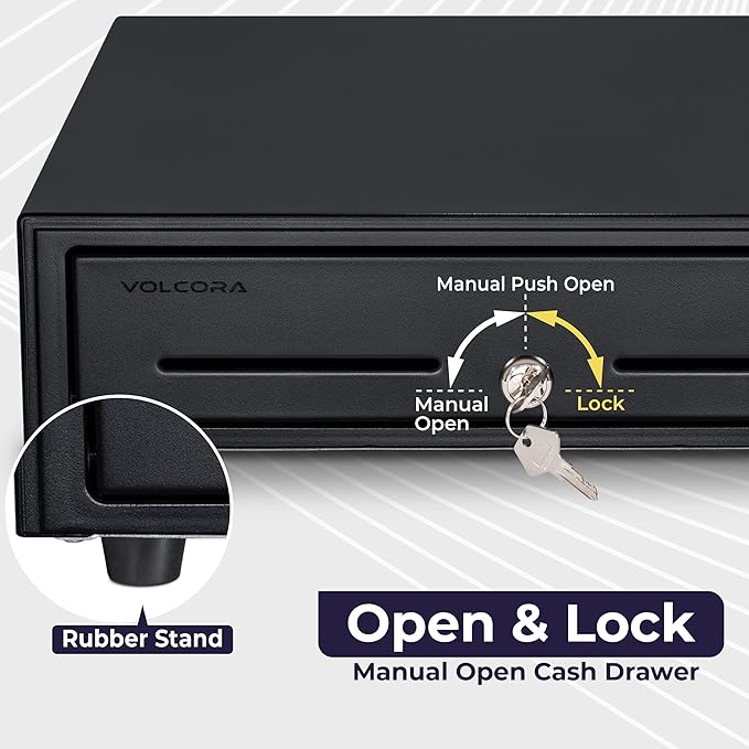 Volcora 16" Push Open Cash Register Drawer for Point of Sale (POS) System, Partial Removable Black Heavy Duty Till with 5 Bills/8 Coin Slots, Key Lock and Double Media Slots