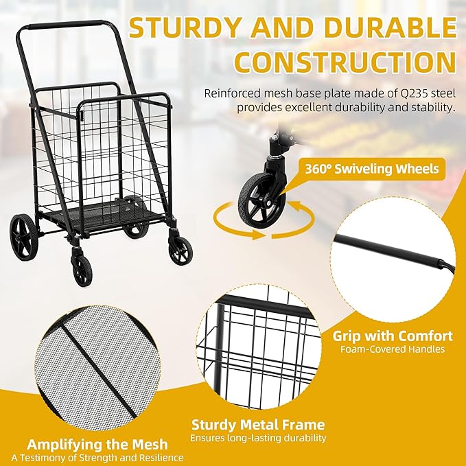 DWVO Utility Foldable Shopping Cart with Wheels, Large Portable Collapsible Rolling Grocery Cart with Reinforced Mesh Bottom for Laundry, Grocery, Luggage, Storage and Seniors, 220 lbs Capacity, Black