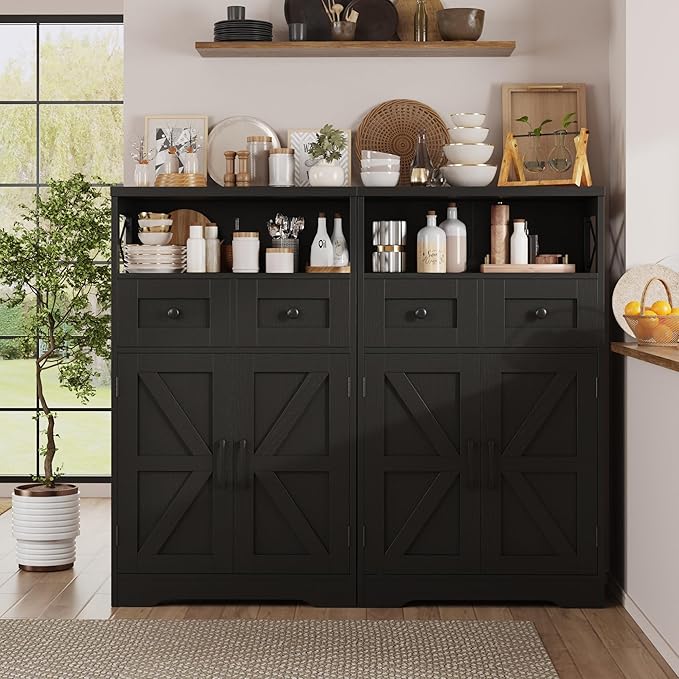 Black Farmhouse Kitchen Pantry Cabinet With Doors and Shelves, Coffee Bar Storage, Freestanding Floor Hutch Cupboard for Kitchen, Laundry, Living Room