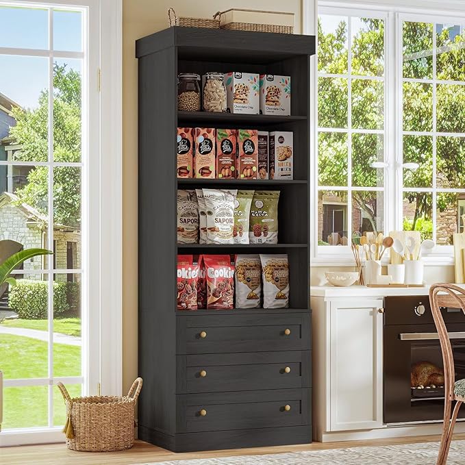 Vyre 71" Tall Farmhouse Bookshelves with Drawers, Large Modular Bookcase with Adjustable Shelves, Storage Cabinet for Living Room, Kitchen, Black, Set of 4
