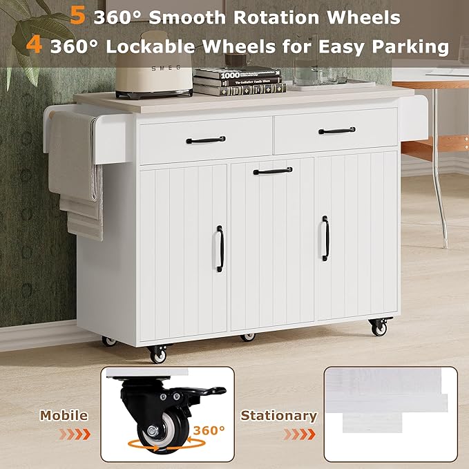 51" Moveable Kitchen Island with Trash Can Storage Cabinet, Kitchen Cart with Drop Leaf, Spice Rack, Towel Rack and Drawer, Rolling Kitchen Island on 5 Wheels with Adjustable Shelf,White