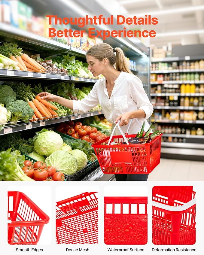 VEVOR Shopping Baskets, 20 PCS, 21L Stackable PE Plastic Grocery Baskets with Handles, Dense Mesh Structure, Holds up to 20 lbs, Portable for Grocery, Retail, Stores, Supermarket, Home Use, Red