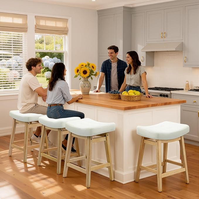 Counter Height Bar Stools Set of 3 for Kitchen Counter Backless Farmhouse Kitchen Island Barstools with Upholstered Faux Leather Saddle Seat and Solid Wood Legs Modern 24 inch Bar Chairs, White