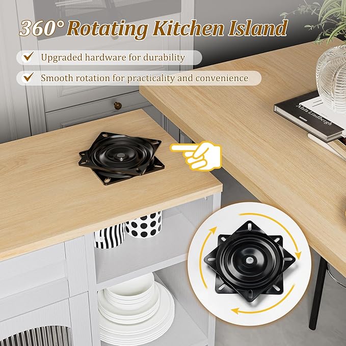 LYNCOHOME Rolling Kitchen Island with 360° Rotating Tabletop, Mobile Lockable Wheels & Adjustable Shelves, Multifunctional Storage Cart for Kitchen & Dining（White）
