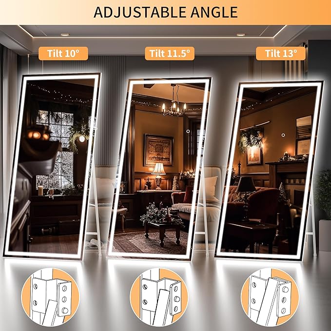 Hasipu Full Length Mirror with Lights, 75" x 28" LED Lighted Floor Standing, Full Body Dressing Hanging Mounted Mirror, Dimmable, Tempered Glass, Safe to Use, Square White