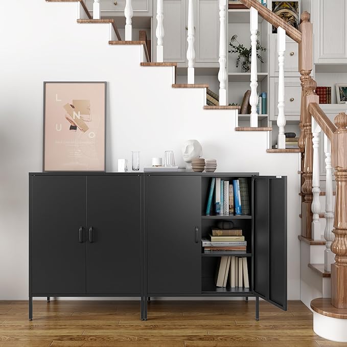Metal Storage Cabinet with Doors and Shelves,Multipurpose Storage Rack, 3-Tier Shelf,Metal Locker Style Accent Cabinet for Home Office,Living Room,Kitchen (Black, 40''H)