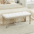 LOULENS 43.9" Linen Fabric End of Bed Bench, Vintage French Upholstered Button Tufted Entry Bench, Window Seat with Carved Wood Legs for Bedroom, Living Room, Entryway, Foyer, Hallway, White