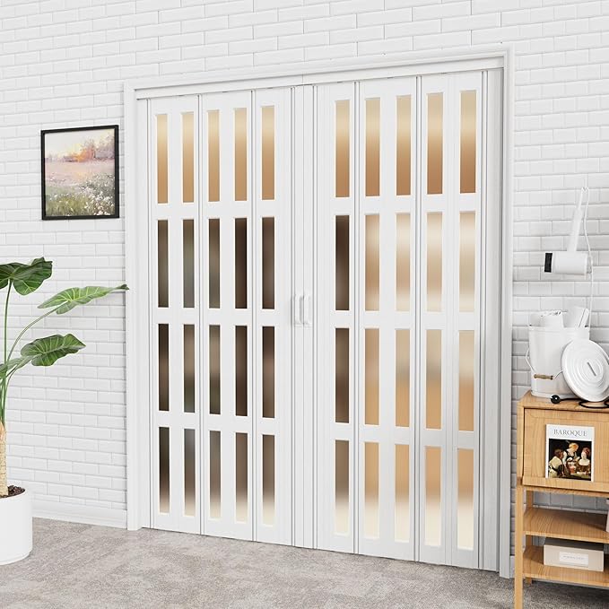 48-72 x 80in (Double 24-36) Accordion Doors Interior Folding Door, 4 Frosted Acrylic Glass PVC Accordion Door with Upgraded Roller & Handle & Complete Hardware, for Closet Bathroom Doorways