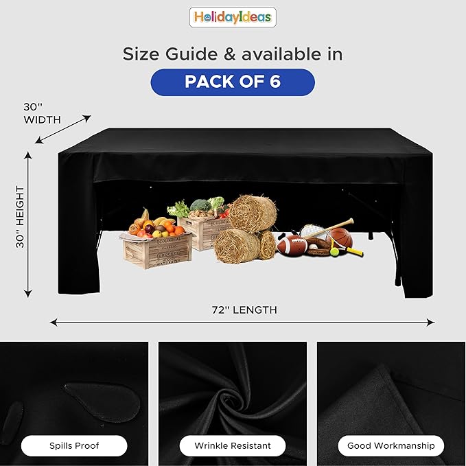 HolidayIdeas Black Open Back Fitted Rectangle Tableclothss for 6 Ft Table, 3-Sided Table Covers 72x30 Inch for Craft Fairs, Banquets, Trade Show Display, Black,6 Pcs