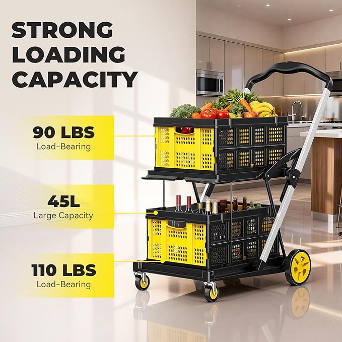 Collapsible Shopping Cart with Wheels, 8-in-1 200LBS Capacity Grocery Cart on Wheels with 2 Storage Crate, Folding Utility Cart for Shopping, Travel, Supermarket, Office, Yellow