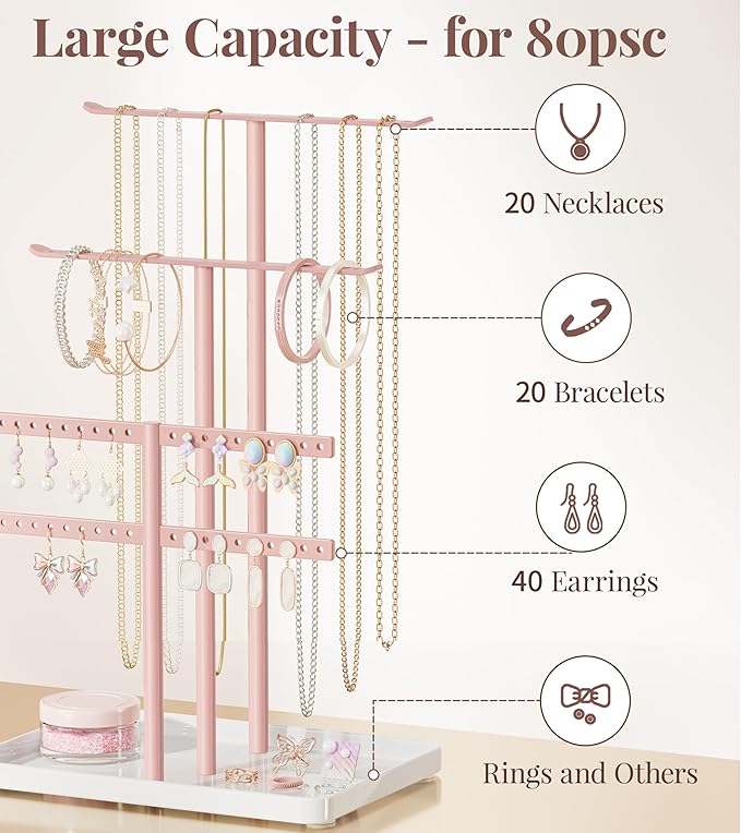 pickpiff Pink Jewelry Stand Holder Organizer: 12.5" Sturdy Hanger for 80 Pcs Jewelry, Jewlery Tower for Display Necklace, Earring, Bracelet, Watch