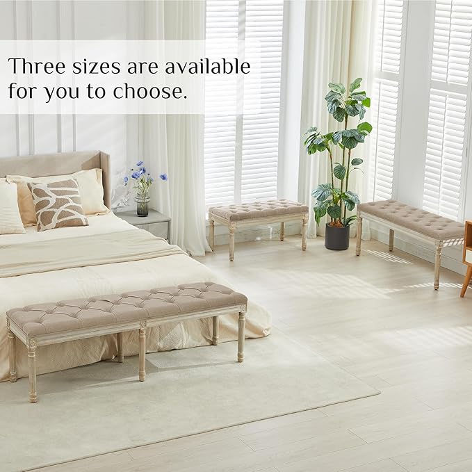 LOULENS 43.9" Linen Fabric End of Bed Bench, Vintage French Upholstered Button Tufted Entry Bench, Window Seat with Carved Wood Legs for Bedroom, Living Room, Entryway, Foyer, Hallway, Light Brown