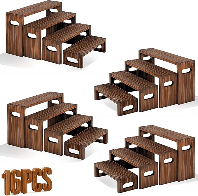 16PCS Wooden Buffet Risers and Stands with Reusable Table Signs, stackable Cube Rustic Wood Food Risers for Buffet Display, Cupcake Holder, Cupcake Stand, Dessert Table Display Set, 4 Sizes