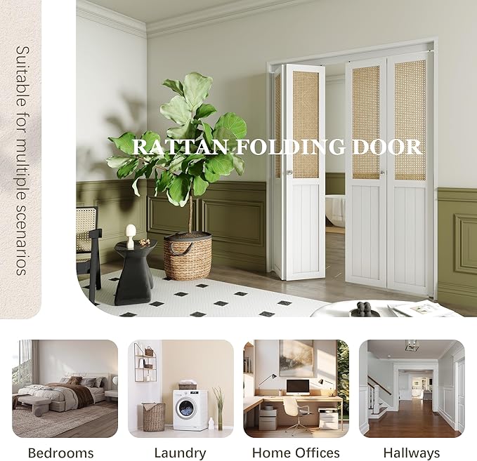 BARNER HOME Cane Bi-fold Doors - for 48in.（24in.x2） x 80in. Opening, Webbing & Wood Interior Door Slab, Including Hardware, MDF, White Folding Door for Wardrobe