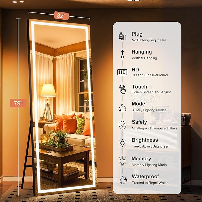 Full Length Mirror with Lights, 79" x 32" Large LED Lighted Floor Standing Body Mirror, Dimmable & 3 Color Lighting for Bedroom, Cloakroom, Dressing Room, Tempered Glass, Square Black
