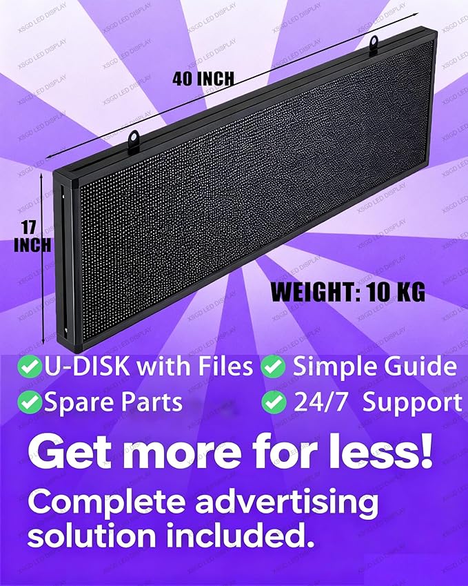 XSGD P3 Programmable Led Sign Outdoor LED Sign for Business, IP65 Waterproof Scrolling Digital Signage Displays, RGB Full Color LED Screen, Custom Images and Video for Business Adversting 40''x17''