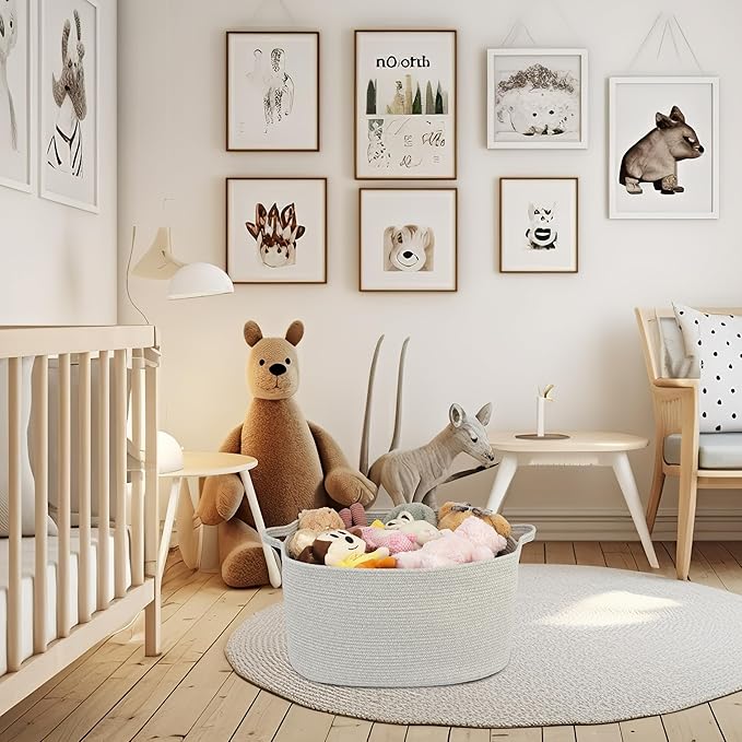 Large Rectangle Blankets Basket Living Room 22"x17"x12" Woven Cotton Rope Storage Baskets for Nursery Toy Baskets for Kids and Dogs Laundry Basket Bin for Clothes Towels grey