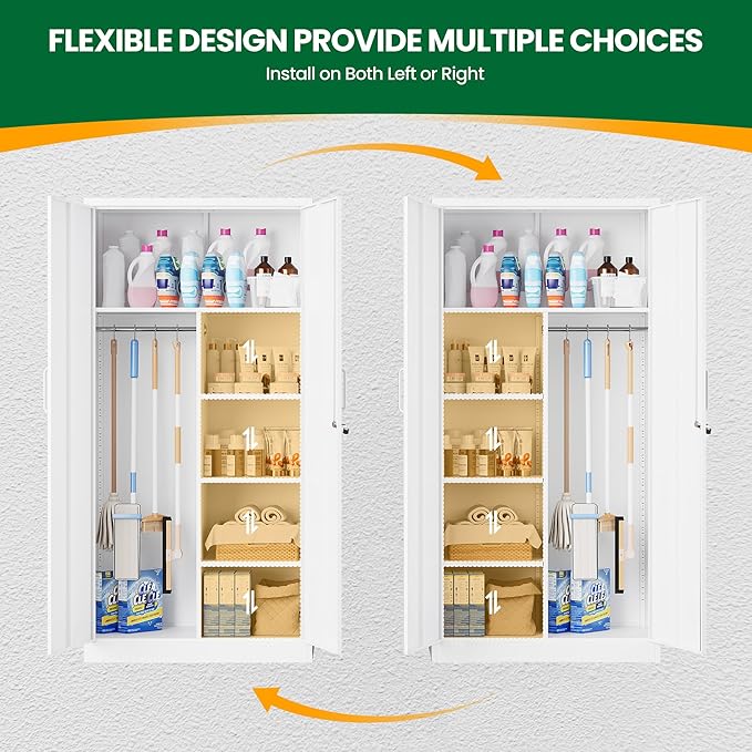 Broom Closet with Lock, Metal Storage Cabinet 36" Wide, 5-Tier Steel Utility Cabinet with Hanging Rod & Doors for Garage, Laundry Room, Warehouse Storage