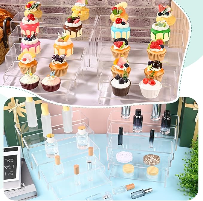 10 Pcs Acrylic Display Stands, 12" Clear Rectangular Display Shelf for Showcase, Collectibles, Cupcake, Dessert