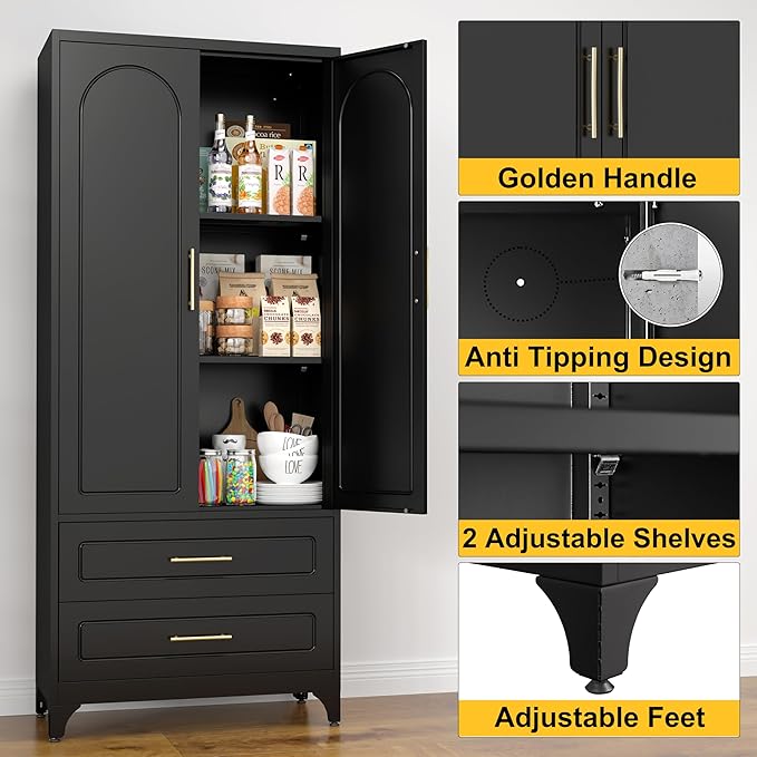 Metal Kitchen Pantry Storage Cabinet with 2 Drawers，75Inch Black Food Pantry Cabinets for Kitchen with 2 Adjustable Shelves，Tall Storage Cupboard for Living Room, Dining Room Office