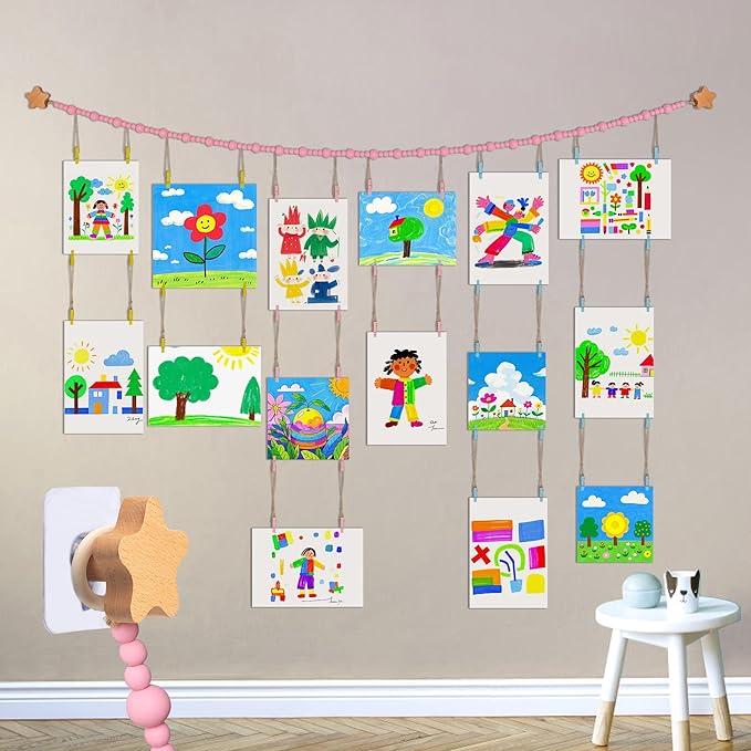 KOLLIEE Kids Artwork Display Art Wall Decor 4.93ft Boho Wooden Beaded Garland Collage Holder with Hanging Rings Wooden Stars Hook 40 Wood Clips for Kids Artwork Photo Room Bedroom Decor Pink