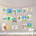 KOLLIEE Kids Artwork Display Art Wall Decor 4.93ft Boho Wooden Beaded Garland Collage Holder with Hanging Rings Wooden Stars Hook 40 Wood Clips for Kids Artwork Photo Room Bedroom Decor Pink