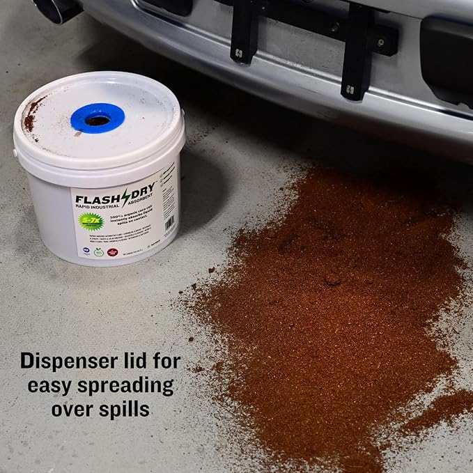 FlashDry Super Spill Absorbent, 5L Bucket with Dispenser Lid, 100% Organic Coco Coir, Landfill Safe, OSHA Approved, Ideal for Absorbing Oil, Paint, Grease in Garages Kitchens Janitor Kits, Pack of 12