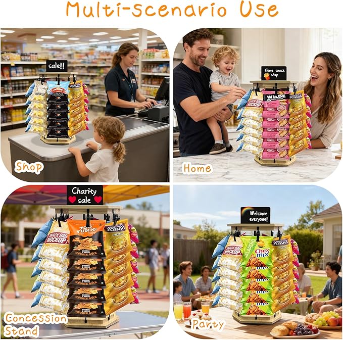 Chip Rack Display Stand 360° Rotating 5 Tiers 40 Clips Bar Snack Organizer Retail Display Rack Wooden Base Candy Holder for Concession Stand Countertop Party Store With Message Board (Octagon)