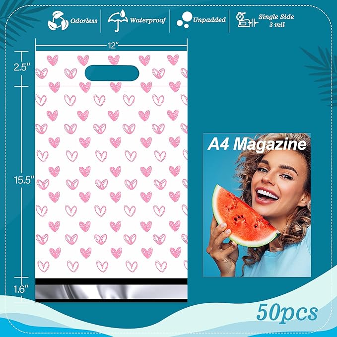 JinRuiKJ Poly Mailers with Handle 12x15.5 Inch 50 Pcs, Easy to Carry Packaging Bags for Small Business, Thank You Shipping Bags with Self Adhesive Strip, Tearproof and Waterproof - Pink Heart