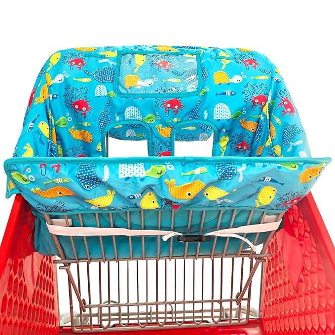 2-in-1 Shopping Cart and High Chair Cover for Baby, Padded Cover, Fold'n Roll Style, Portable with Carry Bag (Blue Seaworld)
