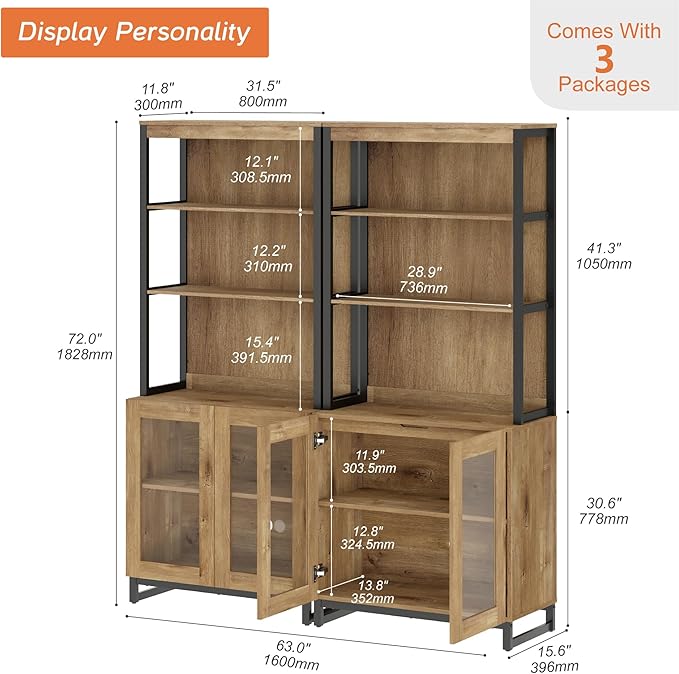 WAMPAT 2 PCS Modern 72" Tall Bookcases with Glass Doors and Adjustable Shelves, Library Book Shelf with Storage Cabinet and Open Book Shelfs, Wood Bookshelves for Home Office, Living Room, Oak