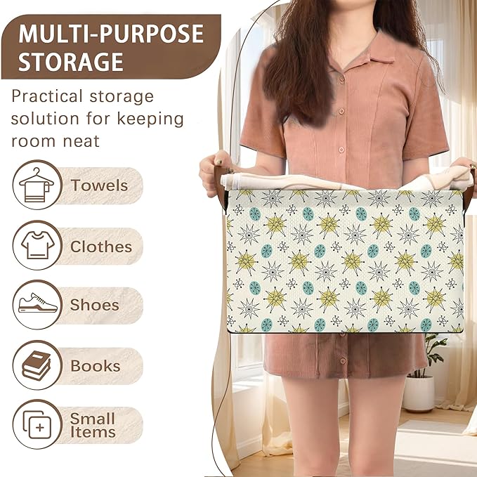 Mid Century Modern Storage Basket Large 17x11.5x10.5 Inche-Collapsible Fabric Organizer Bin with Handles for Living Room, Bedroom, Blankets-Decorative Hamper with Vintage Geometric Design-Single Pack