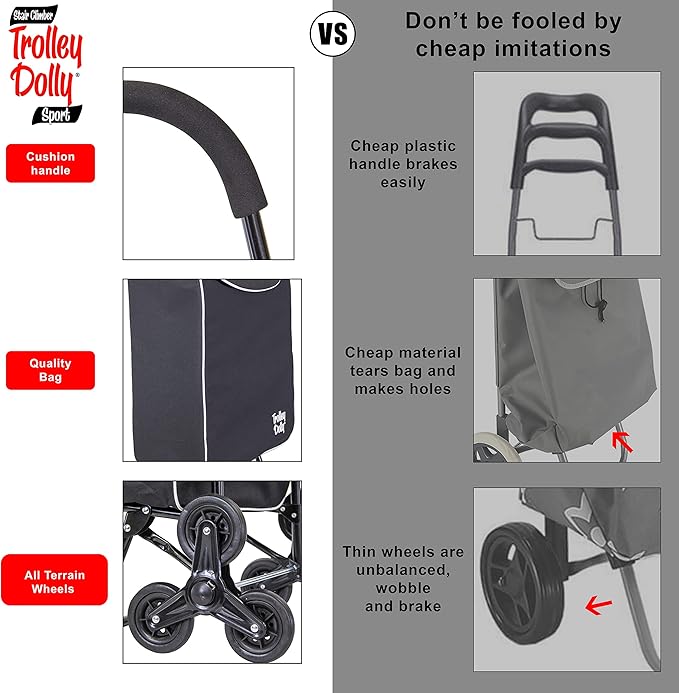 dbest Products Trolley Dolly Sport Stair Climber – Foldable Grocery Cart on Wheels – Multi Use Rolling Cart with Removable Bag, Hand Truck Dolly Function, and Stair Climbing Wheels, Black