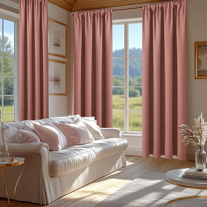 JIUZHEN Blackout Curtains - Thermal InsulatedSoundproof Energy Saving Light Blocking Short Curtain for Living Room,Bedroom, Set of 2 Panels with Tiebacks, 42 x 45 inches Long,Dusty Rose