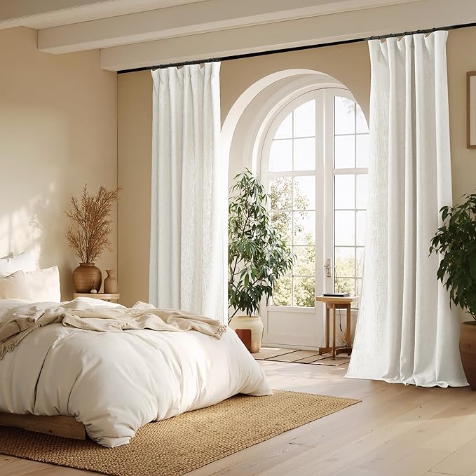 NICETOWN Thick Linen Curtains 84 Inches Long for Living Room 2 Panels Set, Back Tab/Rod Pocket with Pleat Tape Privacy Added Window Curtains for Farmhouse/Bedroom, Vanilla, W55 x L84