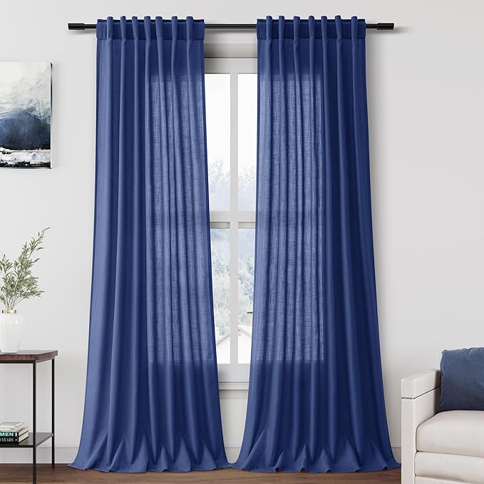 Classic Blue Linen Curtains 90 Inch Long 2 Panels Set for Bedroom Living Room Linen Textured Window Drapes Semi Sheer Light Filtering Rod Pocket Back Tab Cotton Textured Farmhouse Curtain 52x90
