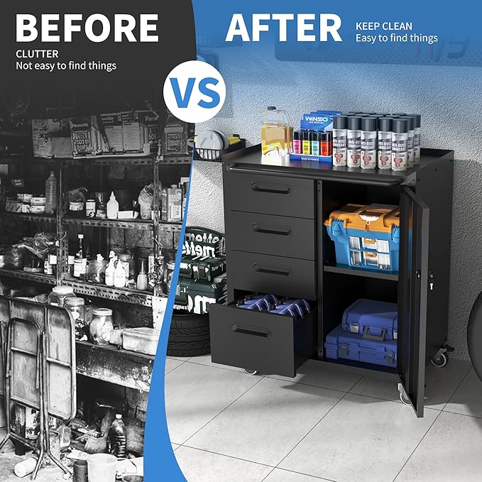 Mobile Tool Storage Cabinet with Wheels,Heavy Duty Rolling Tool Cabinets for Garage,Metal Storage Cabinets with 4 Drawer and 1 Locking Doors,Assembly Required