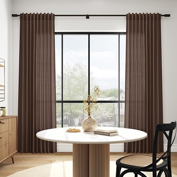 Nanspring Cappuccino Linen Blend Light Filtering Back Tab Curtains 102 Inches Long, Semi Sheer Privacy Drapes for Living Room & Bedroom, 52x102 inch, 2 Panels