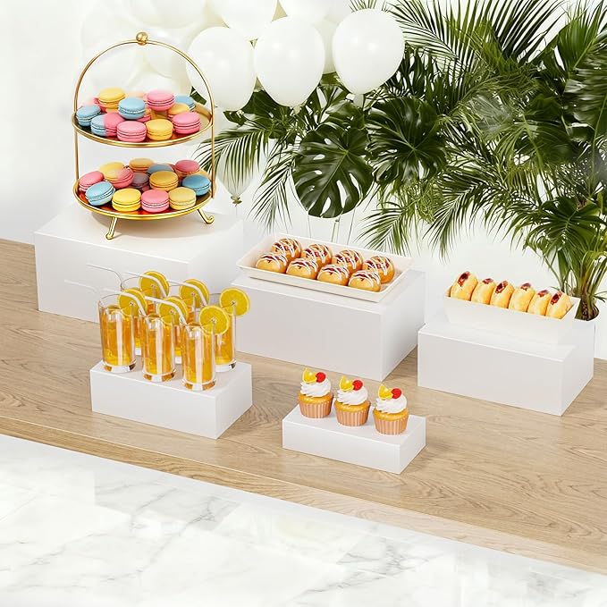 5 Pcs Metal Display Stands for Buffet Table Cake Risers, Cupcake Rectangle Stand for Wedding, Party, Catering Supplies, Elegant Food Risers for Display with 5Pcs Hollow Bottoms Sturdy Modern (White, 2 IN to 12 IN)