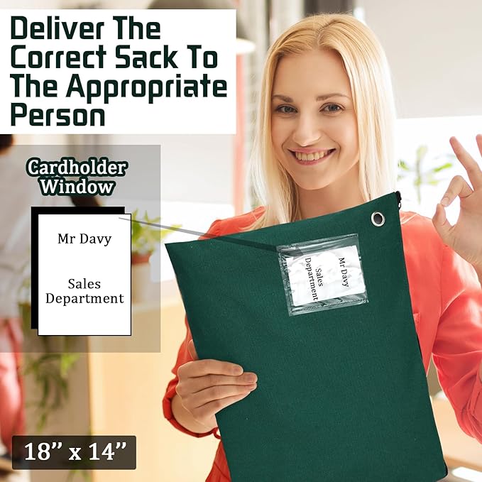 4 Pcs Interoffice Mailer Canvas Transit Sack Zipper Bag 18" x 14" Large Zipper Pouch with Grommet Interoffice Mail Bag (Green)
