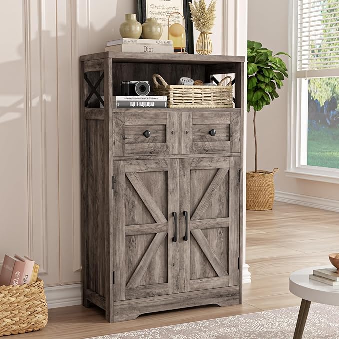 Farmhouse Storage Cabinet with Barn Doors and Open Shelf, Kitchen Pantry with Storage, Coffee Bar Station, Freestanding Cupboard Hutch Cabinet for Kitchen, Dinning Room, Livingroom, Grey