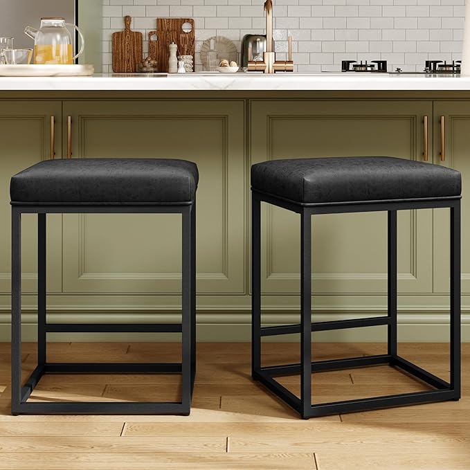 MAISON ARTS Bar Stools Set of 2 | Counter Height Bar Stools for Kitchen Island | Modern Black Barstools with Metal Frame&Faux Leather Upholstery | Farmhouse Backless Bar Stool | 24" Bar Height Stools