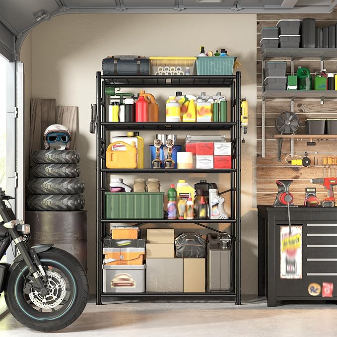 Storage Shelves 5-Tier Large Capacity Metal Shelving with Hooks, Heavy Duty Garage Shelving Unit with Leveling Feet, Stable Metal Shelves for Pantry, Kitchen and Closet, 72" H x 36" W x 12" D, Black