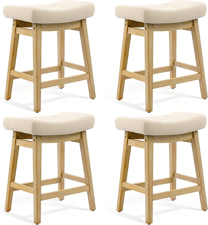 Counter Height Bar Stools Set of 4 for Kitchen Counter, Backless Farmhouse Kitchen Island Barstools with Upholstered Fabric Saddle Seat and Solid Wood Legs Modern 24 inch Bar Chairs, Khaki