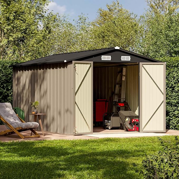 Patiolife 8 x 12 FT Metal Storage Shed for Outdoor, Steel Shed with Design of Lockable Doors, Utility and Tool Storage for Garden, Backyard, Patio, Outside Use, Brown