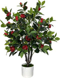 Artificial Camellia Tree 35in Faux Floral Plant with Red Flowers and Green Leaves - No Maintenance Indoor Outdoor Office Home Porch Decor Housewarming Gift(1 Pack - RED)