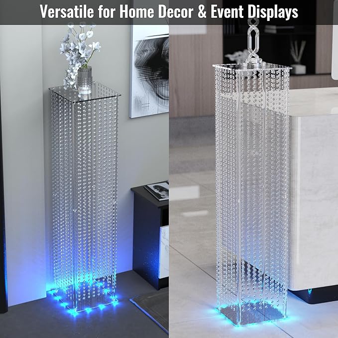 2-Pack 48" Wedding Pillars Columns, Clear Acrylic Flower Pedestal Stands with LED Lights & Crystal Beads, Decorative Wedding Columns for Ceremony, Party & Event Venues