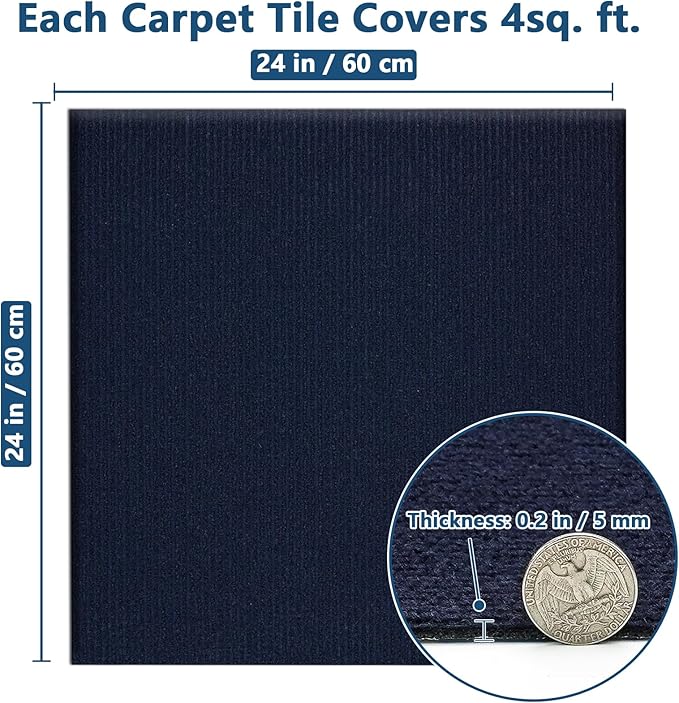 Carpet Tiles Peel and Stick 24” x 24”, Self Adhesive Soft Padded Flooring Stickers, Dark Blue Home Decor for Bedroom Living Room Office, 10 Tiles & 40 sq ft per Box