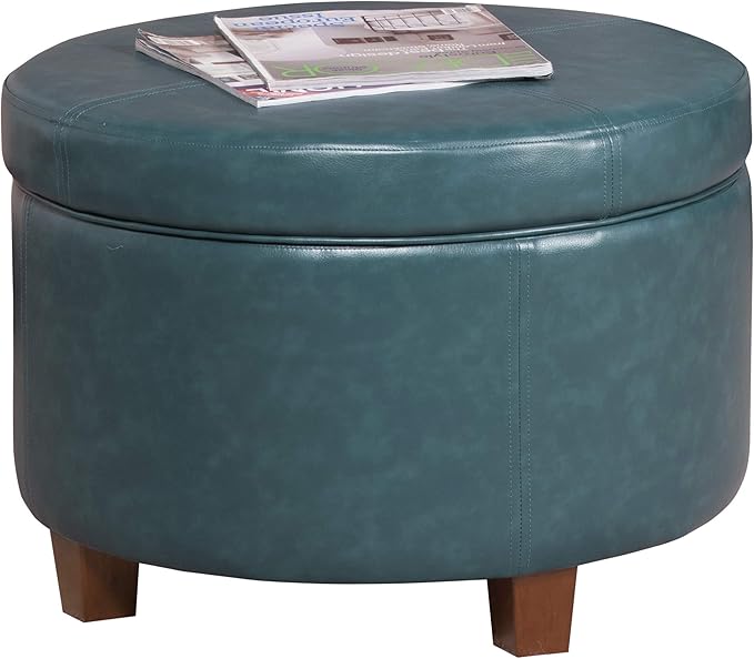 HomePop Round Leatherette Storage Ottoman with Lid, Teal