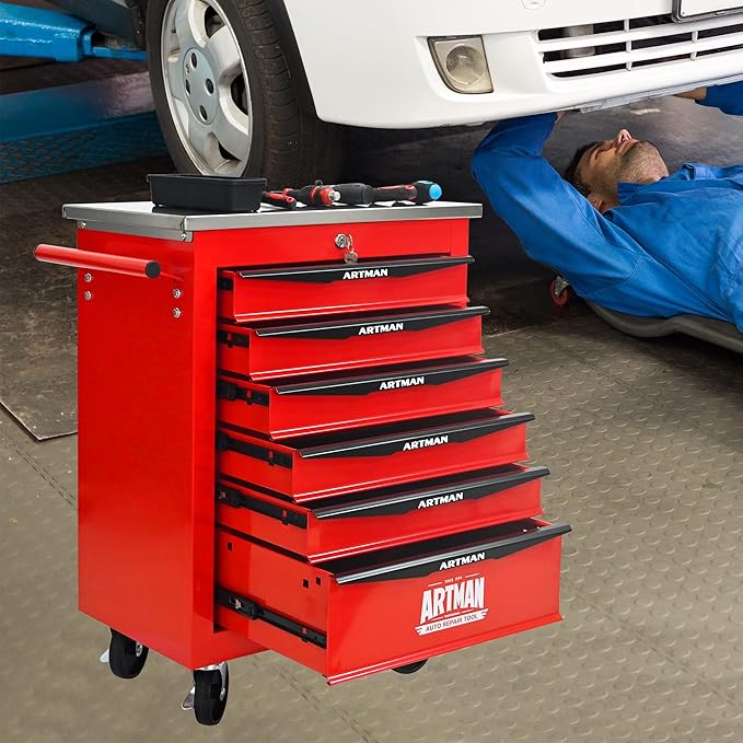 6 Drawers Tool Cart on Wheels with Stainless Steel Worktop, Heavy Duty Mobile Rolling Drawer Tool Chest with Locking Wheels & Lockable Drawers, Garage Tool Storage Cabinet (Red, 6 Drawers)